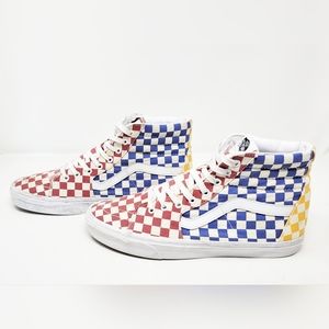 Vans Off The Wall Hi-Top Red,Blue,Yellow CheckerBoard SkateShoe Mens 11.5